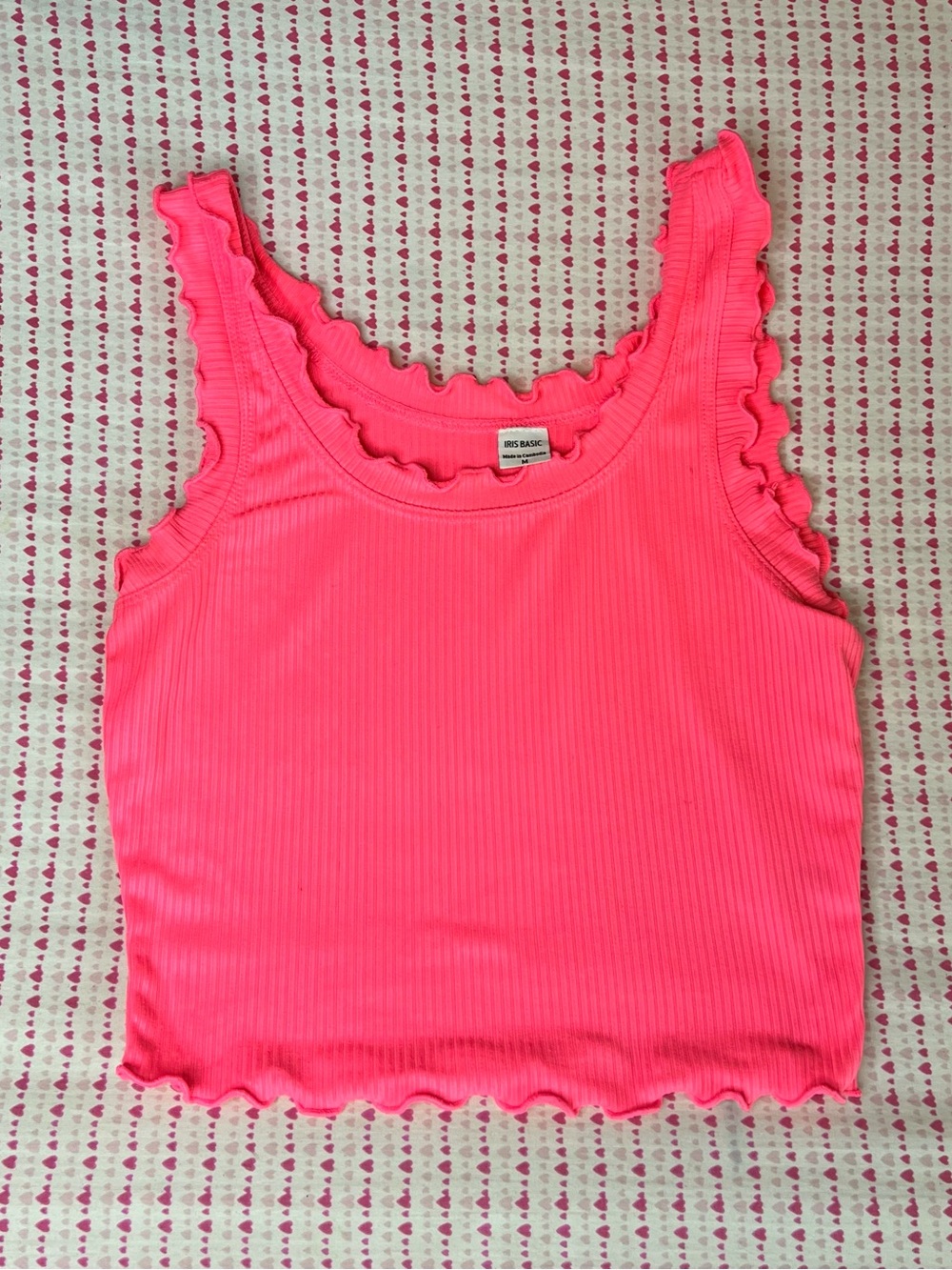 Iris Basic Hot Pink Ribbed Ruffle Trim Camisole